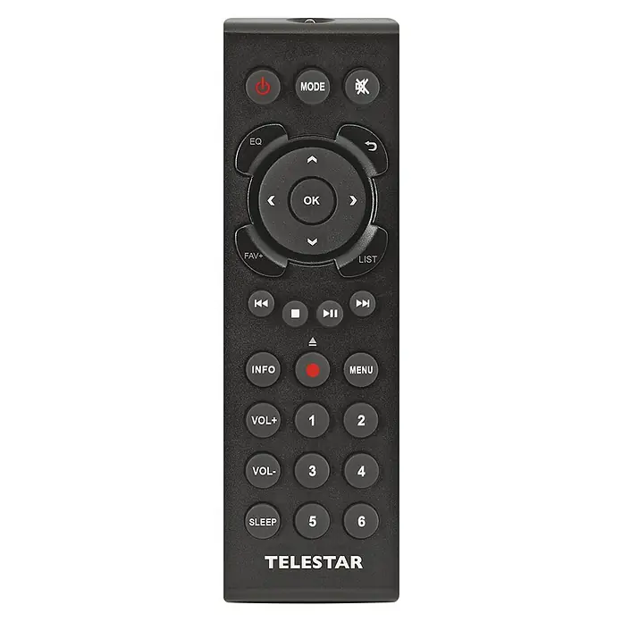 Adapter für HiFi-Anlagen - L x B x H: 11 x 15 x 11 cm - Nahaufnahme einer schwarzen Telestar-Fernbedienung mit verschiedenen Tasten für die Steuerung von Audio- und Videogeräten.