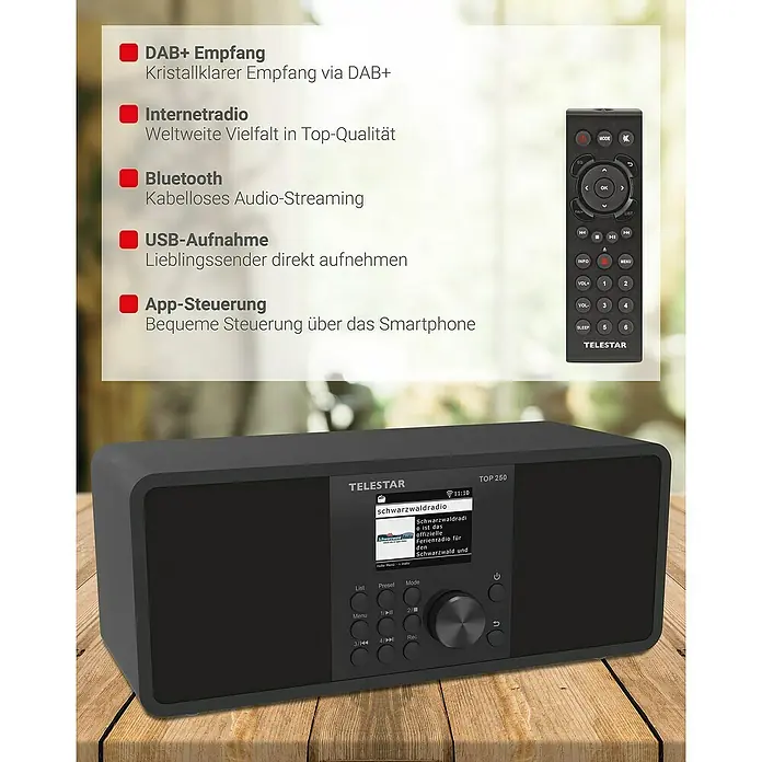 Telestar Internetradio Top 250 - L x B x H: 13 x 27,6 x 11,8 cm, Schwarz - Telestar TOP 250 Digitalradio mit DAB+, Internetradio, Bluetooth, USB-Aufnahme und App-Steuerung sowie Fernbedienung für bequeme Bedienung.