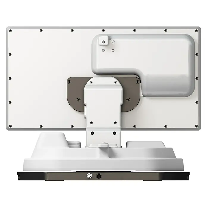 Selfsat Satelliten-Antenne Snipe 5 - L x B x H: 515 x 355 x 201 mm - Rückansicht eines weißen medizinischen Geräts mit grauem Sockel und Befestigungselementen.