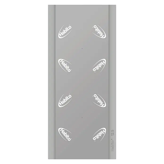 Placo Saint-Gobain Placa de yeso laminado Habito - 2,5 x 1,2 m, Espesor: 13 mm - Una placa de construcción Habito 12,5 gris con el logotipo Habito. Ideal para la construcción de interiores, ofrece estabilidad y aislamiento acústico.