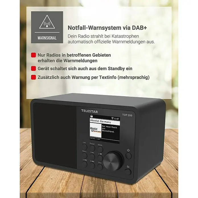 Telestar Internetradio Top 200 - L x B x H: 13 x 19,1 x 11,8 cm, Schwarz - Das Telestar TOP 200 DAB+ Radio mit Notfall-Warnsystem für den Empfang offizieller Warnmeldungen, um in Notfällen informiert zu bleiben.