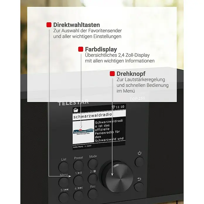 Telestar Internetradio Top 250 - L x B x H: 13 x 27,6 x 11,8 cm, Schwarz - Abbildung eines Telestar TOP 250 Radios mit hervorgehobenen Funktionen wie Direktwahltasten, Farbdisplay und Drehknopf.