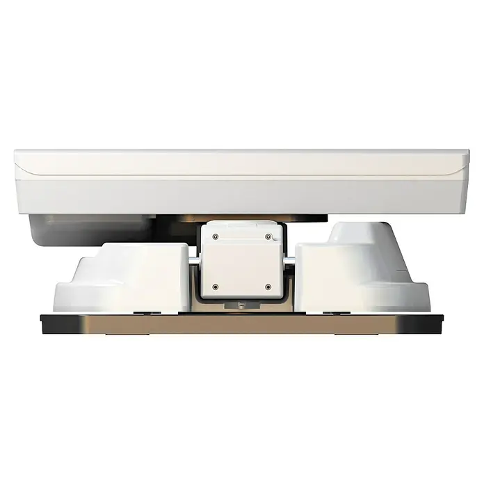 Selfsat Satelliten-Antenne Snipe 5 - L x B x H: 515 x 355 x 201 mm - Eine Nahaufnahme eines weißen Drehtellers, der auf einer braunen Oberfläche steht. Der Fokus liegt auf dem Drehteller und seiner Konstruktion.