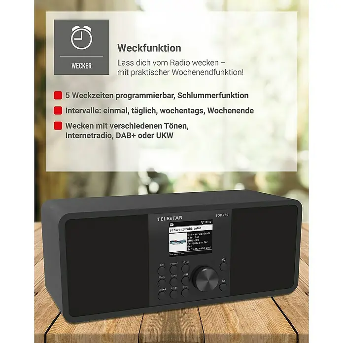 Telestar Internetradio Top 250 - L x B x H: 13 x 27,6 x 11,8 cm, Schwarz - Das Bild zeigt das Telestar TOP 250 DAB+ Radio mit Weckfunktion und praktischer Wochenendfunktion auf einem Holztisch.