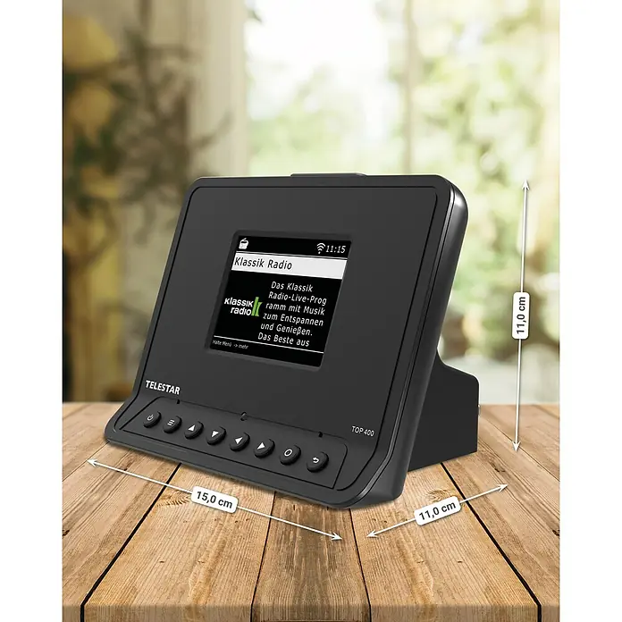 Adapter für HiFi-Anlagen - L x B x H: 11 x 15 x 11 cm - Produktbild des schwarzen TELSTAR TOP 400 Radios mit Größenangaben auf einem Holztisch.