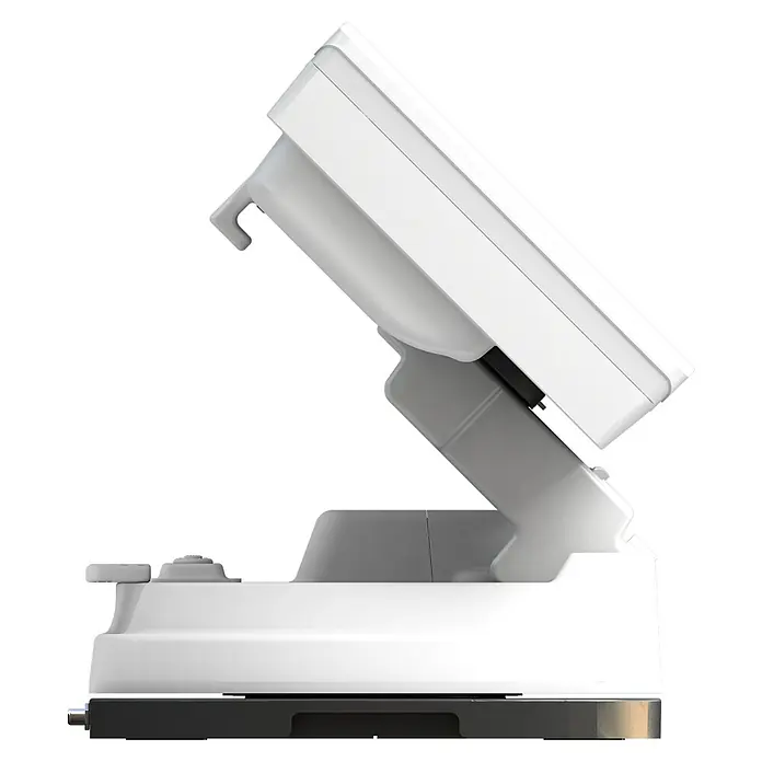 Selfsat Satelliten-Antenne Snipe 5 - L x B x H: 515 x 355 x 201 mm - Ein weißes elektronisches Gerät auf einem schwarzen Hintergrund, das für eine Kasse oder ein ähnliches System verwendet werden könnte.