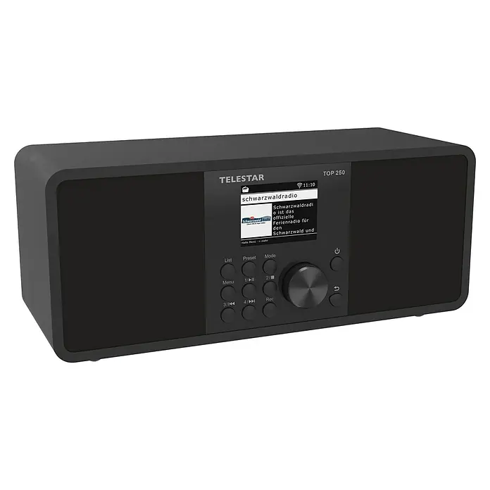 Telestar Internetradio Top 250 - L x B x H: 13 x 27,6 x 11,8 cm, Schwarz - Abgebildet ist ein schwarzes TeleStar TOP 250 Digitalradio mit Display, das Informationen und Sender anzeigt, ideal für Musikliebhaber.