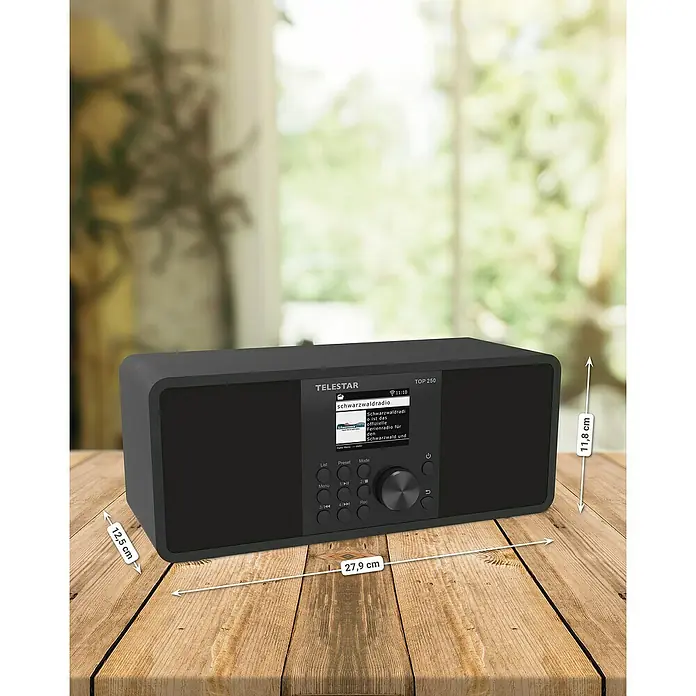 Telestar Internetradio Top 250 - L x B x H: 13 x 27,6 x 11,8 cm, Schwarz - Produktfoto: Das Telestar TOP 250 Digitalradio in stilvollem Schwarz mit Größenangaben auf einem Holztisch.
