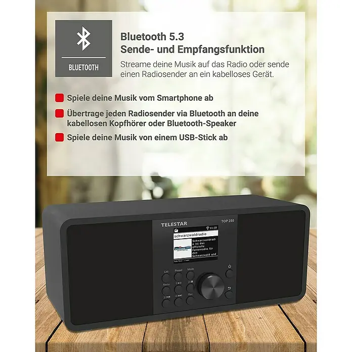 Telestar Internetradio Top 250 - L x B x H: 13 x 27,6 x 11,8 cm, Schwarz - Abbildung eines schwarzen Telestar TOP 250 Radios mit Bluetooth 5.3 Funktion und USB-Anschluss auf einem Holztisch.