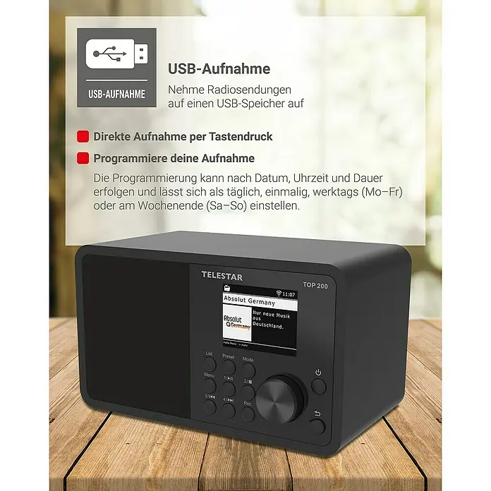 Telestar Internetradio Top 200 - L x B x H: 13 x 19,1 x 11,8 cm, Schwarz - Das Telestar TOP 200 Digitalradio bietet USB-Aufnahmefunktion, direkte Aufnahme per Tastendruck und programmierbare Aufnahme.