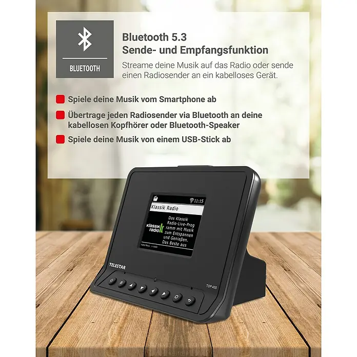 Adapter für HiFi-Anlagen - L x B x H: 11 x 15 x 11 cm - Das TeleStar TOP 400 Radio mit Bluetooth 5.3 Funktion zum Streamen von Musik und Abspielen von USB-Sticks, dargestellt auf einem Holztisch.
