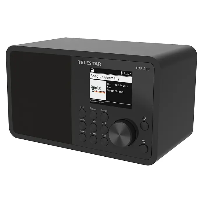 Telestar Internetradio Top 200 - L x B x H: 13 x 19,1 x 11,8 cm, Schwarz - Abbildung eines schwarzen TeleStar TOP 200 Radios mit Display, das "Absolut Germany" anzeigt, mit verschiedenen Bedienelementen.