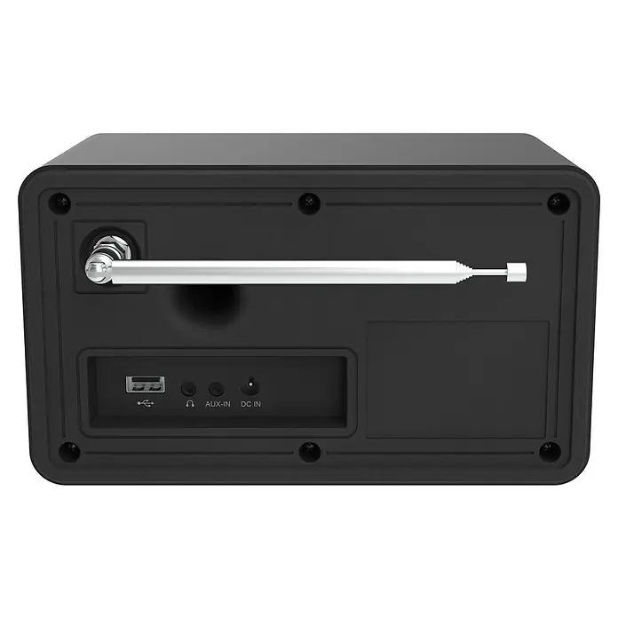 Telestar Internetradio Top 200 - L x B x H: 13 x 19,1 x 11,8 cm, Schwarz - Rückansicht eines schwarzen Radios mit Antenne, USB, AUX-IN und DC-IN Anschluss für vielseitige Konnektivität und Empfang.