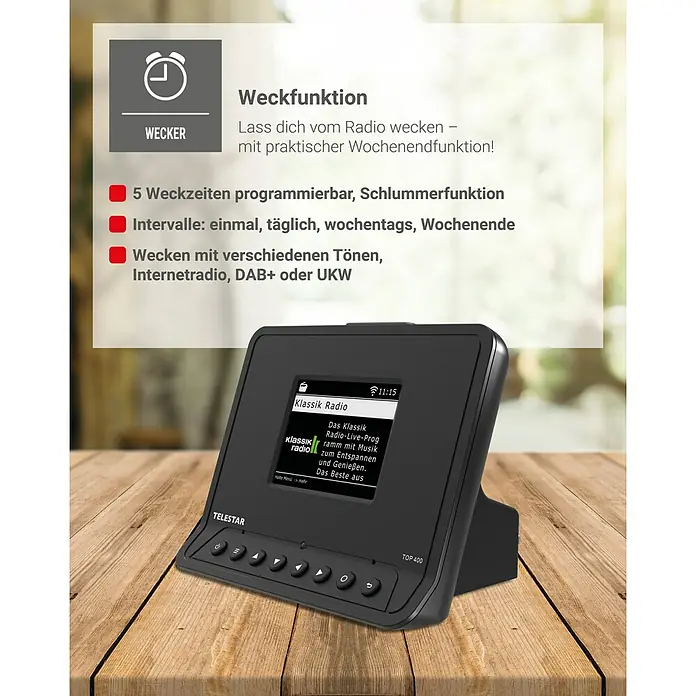 Adapter für HiFi-Anlagen - L x B x H: 11 x 15 x 11 cm - Produktbild eines TELSTAR TOP 400 Radios mit Weckfunktion, das auf einem Holztisch steht.