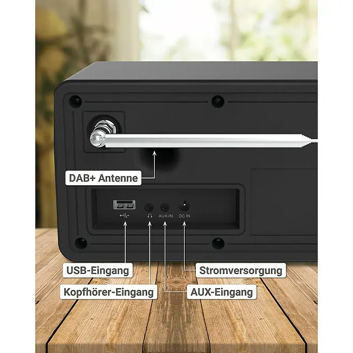 Telestar Internetradio Top 200 - L x B x H: 13 x 19,1 x 11,8 cm, Schwarz - Rückansicht eines Radios mit DAB+ Antenne, USB-Eingang, Kopfhörer- und AUX-Eingang sowie Stromversorgung.