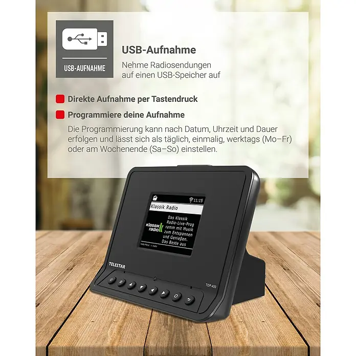 Adapter für HiFi-Anlagen - L x B x H: 11 x 15 x 11 cm - Das Bild zeigt das Telestar TOP 400 Tischradio mit Aufnahmefunktion, USB-Anschluss und programmierbaren Aufnahmen.