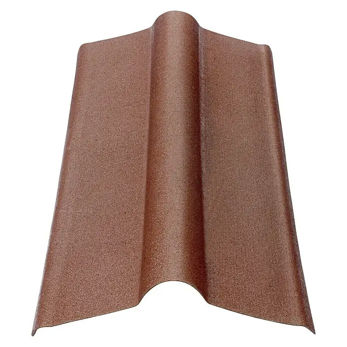 Onduline Teja de caballete para cumbrera Easyline A100 Intense - Marrón - Primer plano de una teja marrón con forma curva y laterales planos, ideal para tejados.