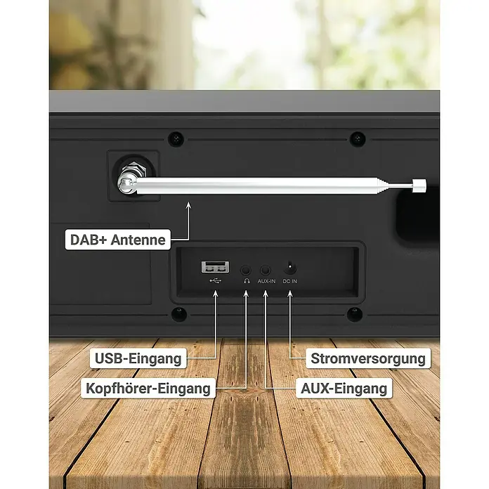 Telestar Internetradio Top 250 - L x B x H: 13 x 27,6 x 11,8 cm, Schwarz - Rückseite eines schwarzen Radios mit Antenne, USB-, AUX- und Kopfhörereingängen sowie Stromversorgung für vielseitige Anschlussmöglichkeiten.