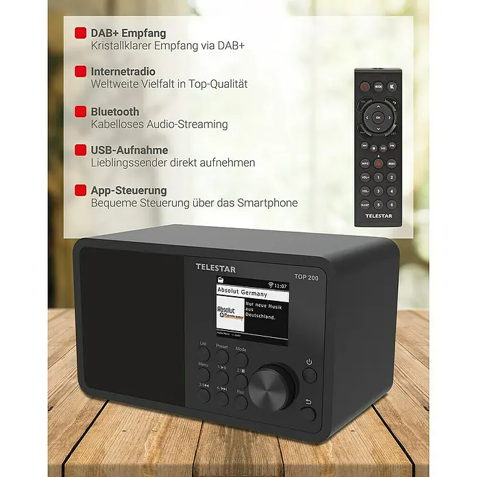 Telestar Internetradio Top 200 - L x B x H: 13 x 19,1 x 11,8 cm, Schwarz - Produktansicht des TeleStar TOP 200, ein modernes Digitalradio mit DAB+, Bluetooth und USB-Aufnahme. Inklusive Fernbedienung.