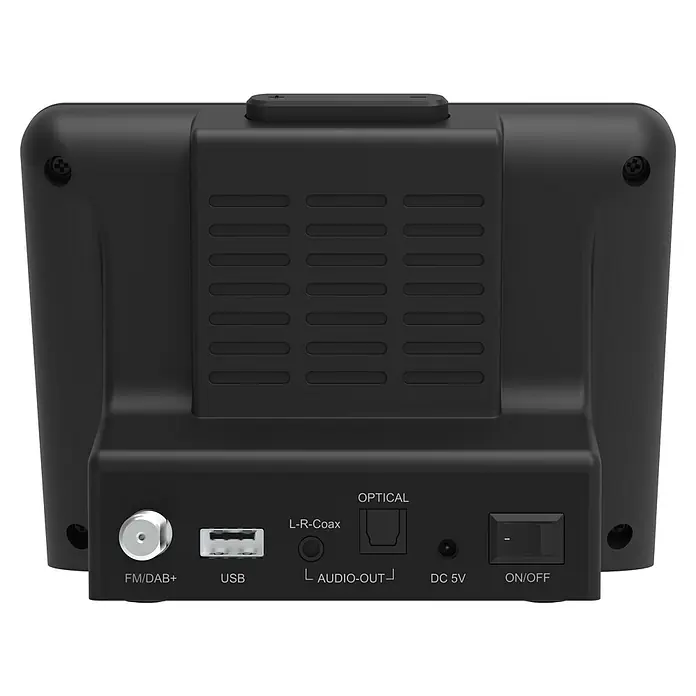 Adapter für HiFi-Anlagen - L x B x H: 11 x 15 x 11 cm - Rückseite eines schwarzen Radios mit Anschlüssen für FM/DAB+, USB, Audioausgang, optischen Ausgang, DC 5V und einem Ein-/Ausschalter.