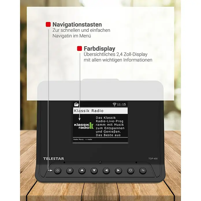Adapter für HiFi-Anlagen - L x B x H: 11 x 15 x 11 cm - Produktabbildung eines schwarzen TELSTAR Radios mit farbigem Display und Navigationstasten auf einem Holztisch, ideal für Musikliebhaber.