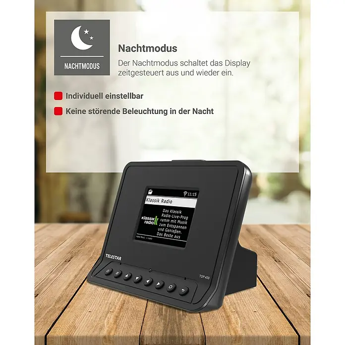 Adapter für HiFi-Anlagen - L x B x H: 11 x 15 x 11 cm - Produktbild des Telestar TOP 400 Radios mit Nachtmodus Funktion.