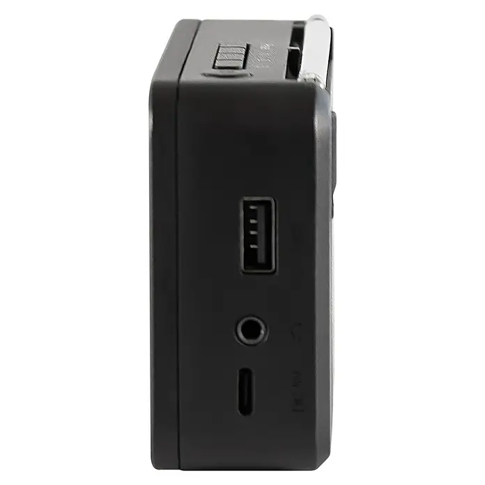 Radio Top 100 - L x B x H: 3,2 x 12,8 x 7,2 cm - Das Produkt ist ein tragbarer, schwarzer Lautsprecher mit USB- und Audioanschlüssen, kompakt und vielseitig für unterwegs.