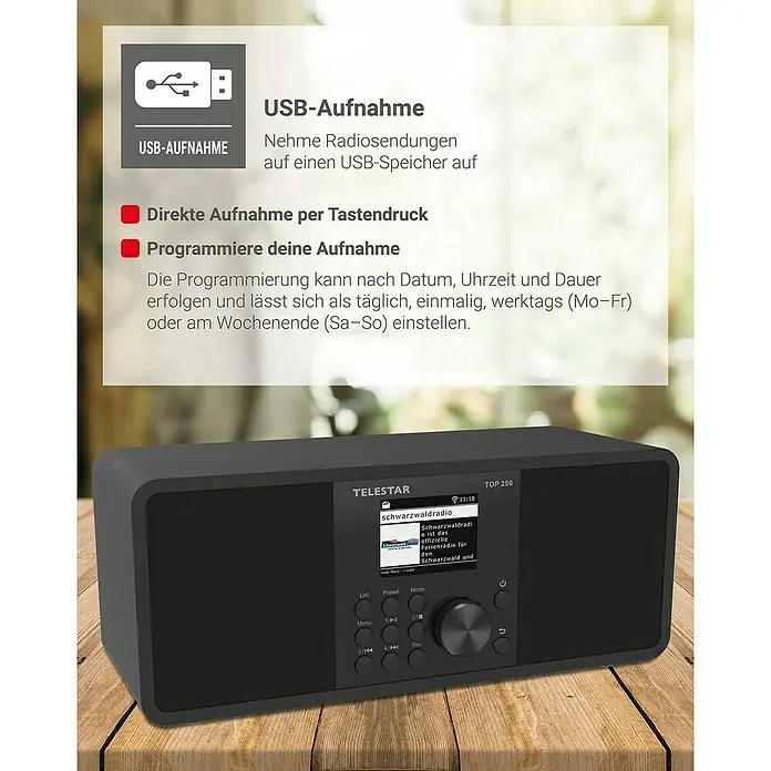 Telestar Internetradio Top 250 - L x B x H: 13 x 27,6 x 11,8 cm, Schwarz - Abbildung eines Telestar TOP 250 Radios mit USB-Aufnahmefunktion und Aufnahmeplanung auf einem Holztisch.