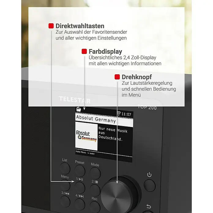Telestar Internetradio Top 200 - L x B x H: 13 x 19,1 x 11,8 cm, Schwarz - Nahaufnahme eines Telestar-Radios mit hervorgehobenen Funktionen wie Direktwahltasten und Farbdisplay.