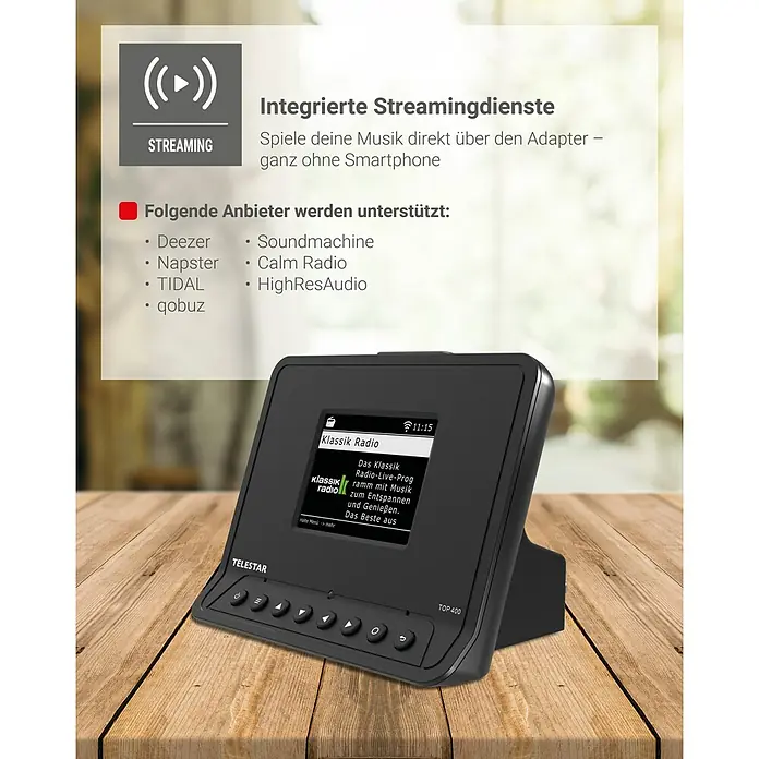 Adapter für HiFi-Anlagen - L x B x H: 11 x 15 x 11 cm - Intelligenter TeleStar TOP 400 Adapter mit integrierten Streamingdiensten für ein nahtloses Musikerlebnis ohne Smartphone.