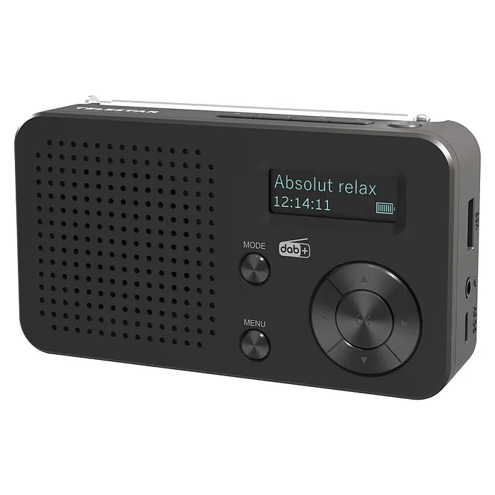 Radio Top 100 - L x B x H: 3,2 x 12,8 x 7,2 cm - Nahaufnahme eines schwarzen Telestar-Radios mit Anzeige, Tasten und Lautsprecherlöchern.