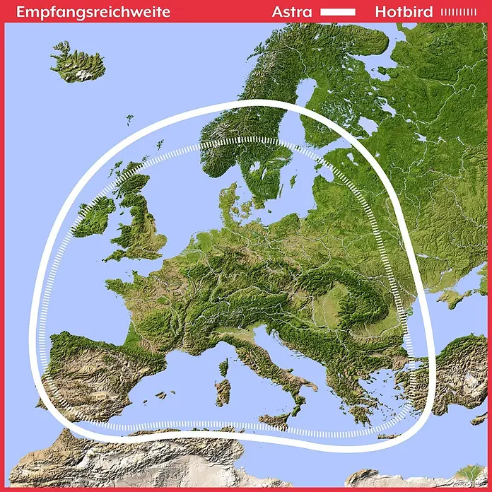 Camping First Satelliten-Antenne Satmex 55 plus - L x B x H: 58 x 60 x 16 cm, Anzahl Nutzer: 1, Weiß - Empfangsreichweiten von Astra und Hotbird in Europa. Klare Darstellung der jeweiligen Signalabdeckung für Satellitenfernsehen.