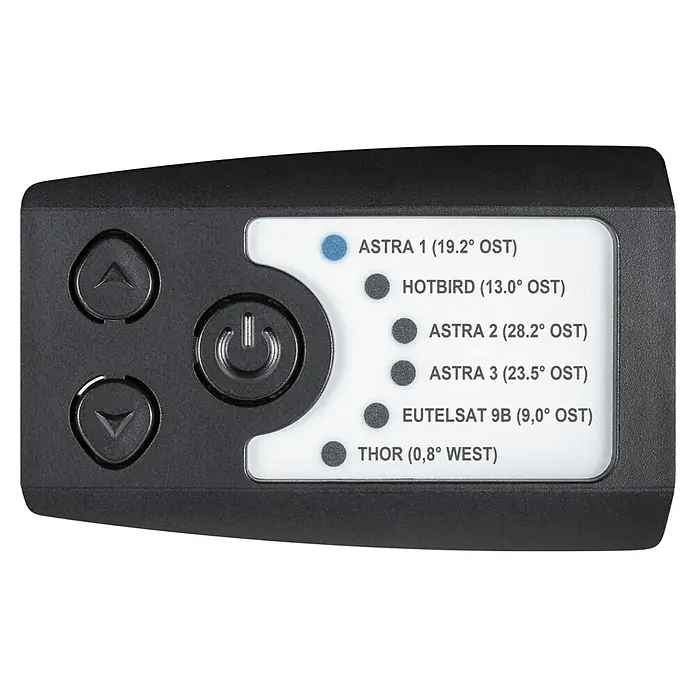 Camping First Satelliten-Antenne Satmex 55 plus - L x B x H: 58 x 60 x 16 cm, Anzahl Nutzer: 1, Weiß - Satellitenreceiver-Bedienfeld mit LEDs für ASTRA, Hotbird, EUTELSAT & THOR, Tasten für Navigation und Ein/Aus.