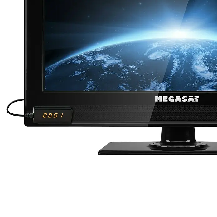 Megasat HDTV-Sat-Receiver Stick 310 V3 - 1.920 x 1.080 Pixel (Full HD), HDMI-Eingang, L x B x H: 65 x 108 x 18 mm - Nahaufnahme eines Megasat Fernsehers, der eine hochauflösende Ansicht der Erde anzeigt, mit klaren Details und leuchtenden Farben.