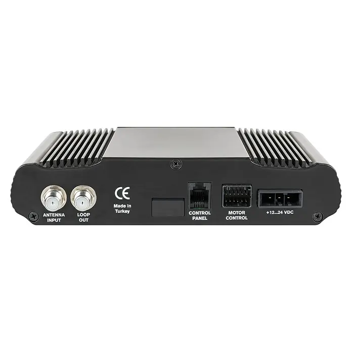 Camping First Satelliten-Antenne Satmex 55 plus - L x B x H: 58 x 60 x 16 cm, Anzahl Nutzer: 1, Weiß - Rückseite eines elektronischen Geräts mit Anschlüssen für Antenne, Steuerung, Motor und Stromversorgung.