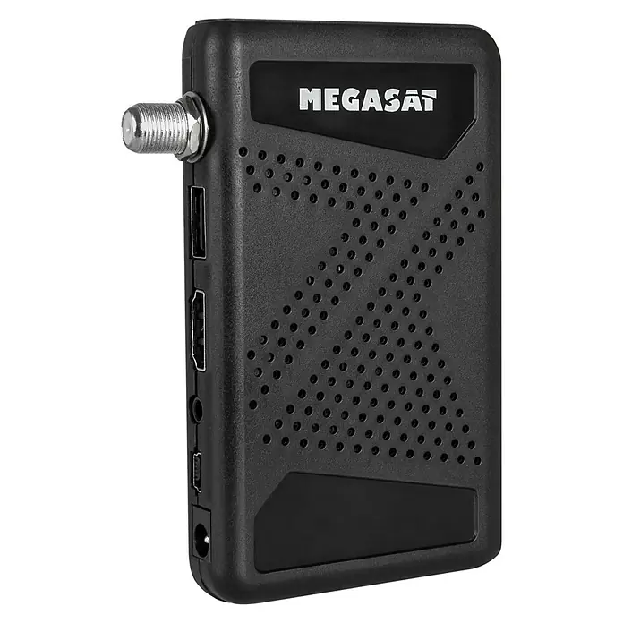 Megasat HDTV-Sat-Receiver Stick 310 V3 - 1.920 x 1.080 Pixel (Full HD), HDMI-Eingang, L x B x H: 65 x 108 x 18 mm - Nahaufnahme eines schwarzen Megasat-Receivers mit verschiedenen Anschlüssen und Belüftungslöchern.