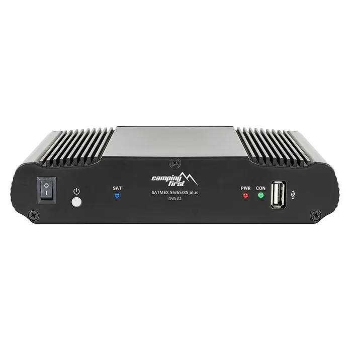 Camping First Satelliten-Antenne Satmex 55 plus - L x B x H: 58 x 60 x 16 cm, Anzahl Nutzer: 1, Weiß - Nahaufnahme des Camping First SATMEX 55/65/85 plus DVB-S2-Receivers, der Konnektivität und Leistung für Camping- und Reiseabenteuer bietet.