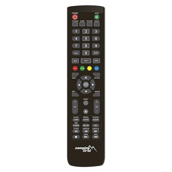 Camping First Smart-TV - 19 " - Camping First TV-Fernbedienung. Die Fernbedienung ist schwarz und hat viele Tasten für verschiedene Funktionen. Perfekt für Campingausflüge.