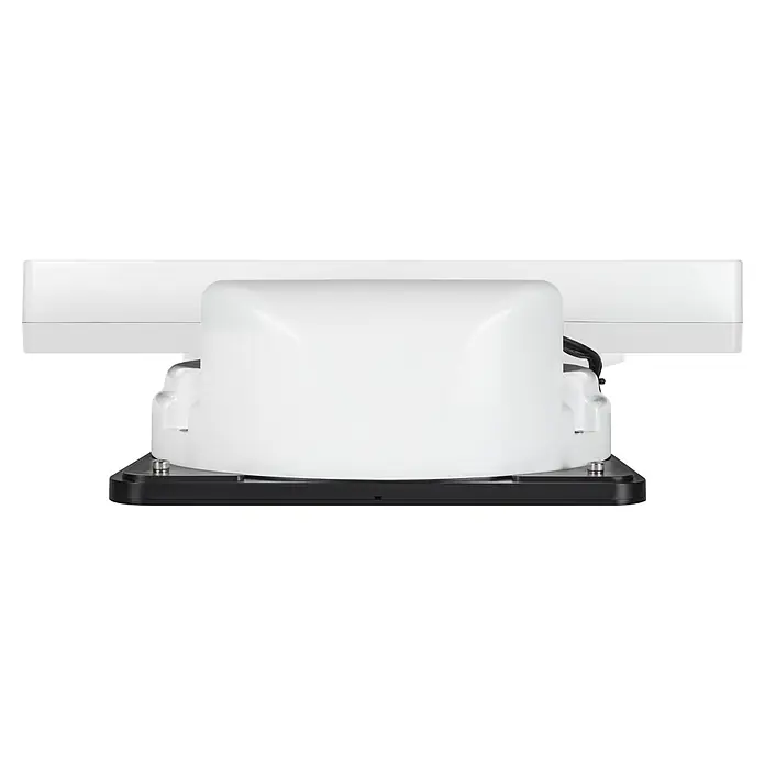 Camping First Satelliten-Antenne Satmex Flat 2 - L x B x H: 480 x 525 x 150 mm, Anzahl Nutzer: 2 - Nahaufnahme eines weißen Radargeräts mit schwarzem Sockel. Das Gerät befindet sich vor einem weißen Hintergrund.