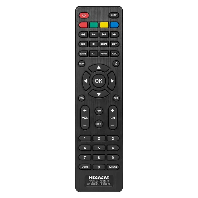 Megasat HDTV-Sat-Receiver HD 350 V3 - 1.920 x 1.080 Pixel (Full HD), HDMI-Eingang, L x B x H: 140 x 220 x 40 mm - Nahaufnahme einer schwarzen Megasat-TV-Fernbedienung mit Tasten für verschiedene Funktionen.