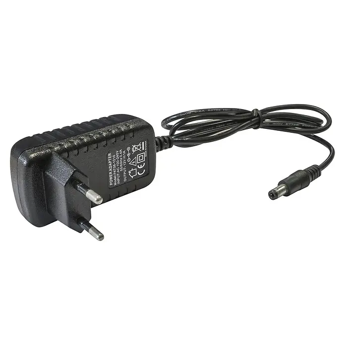 Megasat HDTV-Sat-Receiver Stick 310 V3 - 1.920 x 1.080 Pixel (Full HD), HDMI-Eingang, L x B x H: 65 x 108 x 18 mm - Abbildung eines schwarzen 12V-Netzteils mit europäischem Stecker und Kabel für elektronische Geräte.