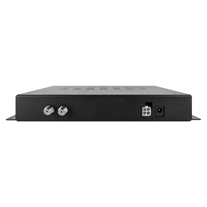Camping First Satelliten-Antenne Satmex Flat 2 - L x B x H: 480 x 525 x 150 mm, Anzahl Nutzer: 2 - Rückseite eines schwarzen Elektronikgeräts mit zwei Antennenanschlüssen, einem 4-Pin-Anschluss und einer Strombuchse.
