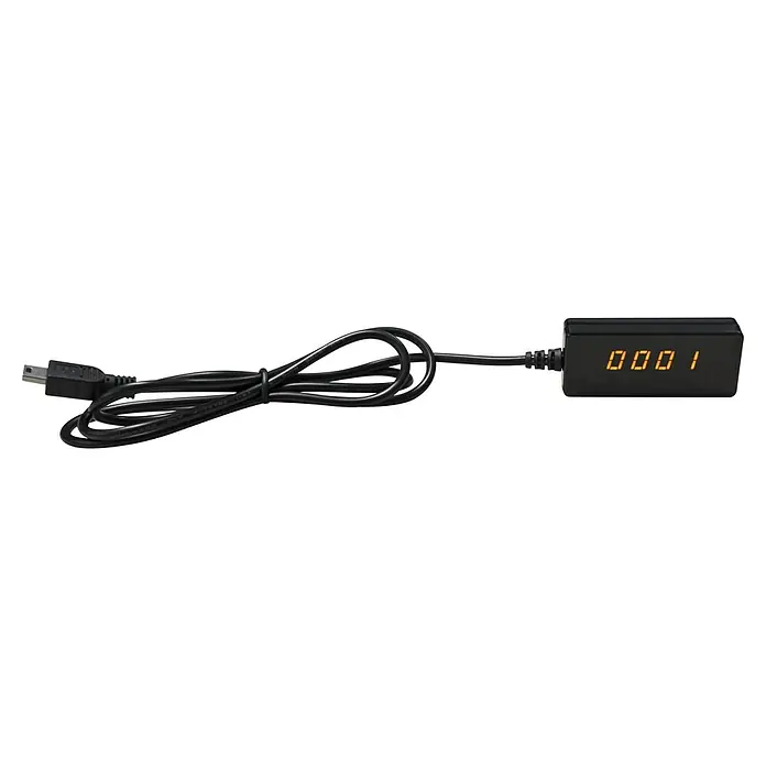 Megasat HDTV-Sat-Receiver Stick 310 V3 - 1.920 x 1.080 Pixel (Full HD), HDMI-Eingang, L x B x H: 65 x 108 x 18 mm - Das Bild zeigt ein schwarzes elektronisches Gerät mit Kabel und einer Digitalanzeige, die "001" anzeigt.
