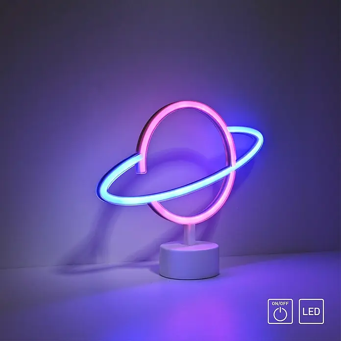 Just Light LED-Dekoleuchte Neon Saturn - Neon Saturn, L x B x H: 8,5 x 29,5 x 24 cm, Netzbetrieben - Neon-Nachttischlampe in Planetenform. Das Licht ist pink und blau und steht auf einem weißen Sockel. Das perfekte Ambiente für jeden Raum.