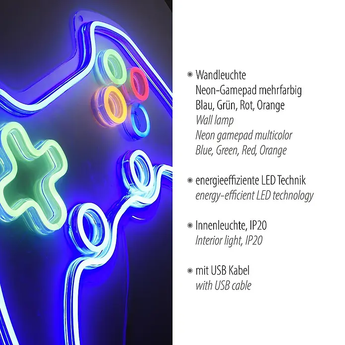 Just Light LED-Dekoleuchte Neon Gamer - Neon Gamer, L x B x H: 8,5 x 29,5 x 24 cm, Netzbetrieben - Mehrfarbige Neon-Gamepad-Wandleuchte mit energiesparender LED-Technologie und USB-Kabel für stimmungsvolle Gaming-Atmosphäre.