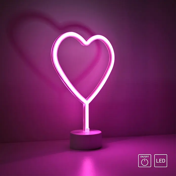 Just Light LED-Dekoleuchte Neon Herz - Neon Herz, L x B x H: 8,5 x 29,5 x 24 cm, Batteriebetrieben - Pinkfarbenes Herz-LED-Neonlicht auf einem Sockel, das ein romantisches Ambiente schafft.