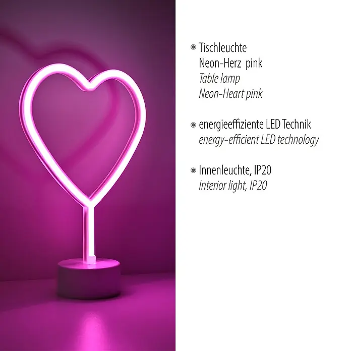 Just Light LED-Dekoleuchte Neon Herz - Neon Herz, L x B x H: 8,5 x 29,5 x 24 cm, Batteriebetrieben - Leuchtende Tischleuchte in Herzform mit energieeffizienter LED-Technik, die eine romantische Atmosphäre schafft.