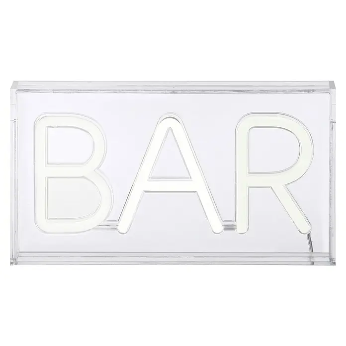 Just Light LED-Dekoleuchte Neon Bar - Neon Bar, L x B x H: 8,5 x 29,5 x 24 cm, Netzbetrieben - Nahaufnahme eines BAR-Schildes mit weisser Neonbeleuchtung in einem transparenten Acrylgehäuse.