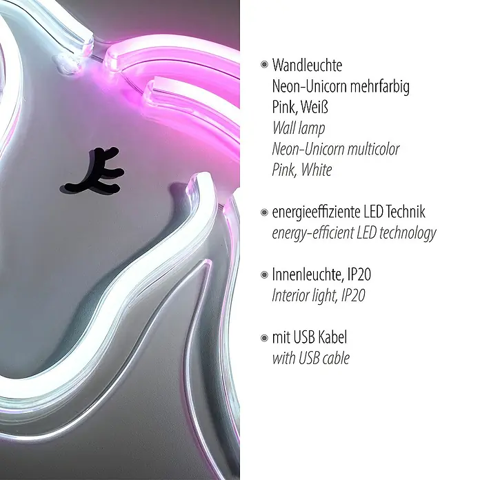 Just Light LED-Dekoleuchte Neon Unicorn - Neon Unicorn, L x B x H: 8,5 x 29,5 x 24 cm, Netzbetrieben - Nahaufnahme einer mehrfarbigen Neon-Unicorn-Wandleuchte in Pink und Weiß mit USB-Kabel und energieeffizienter LED-Technik.