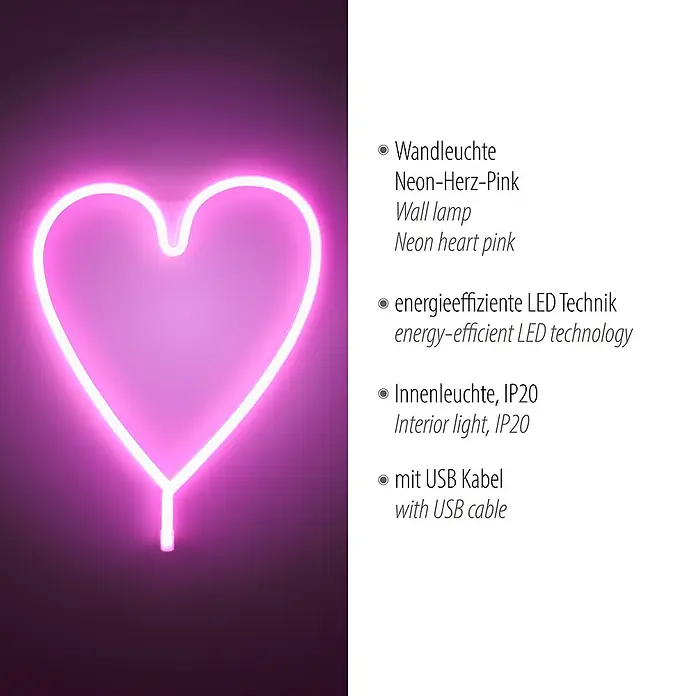 Just Light LED-Dekoleuchte Neon Herz - Neon Herz, L x B x H: 8,5 x 29,5 x 24 cm, Netzbetrieben - Nahaufnahme einer pinkfarbenen Neon-Herz-Wandleuchte mit USB-Kabel und energieeffizienter LED-Technik.